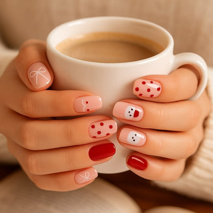 Festive Red & Nude Press-On Nails – Santa, Bow & Polka Dot Design.