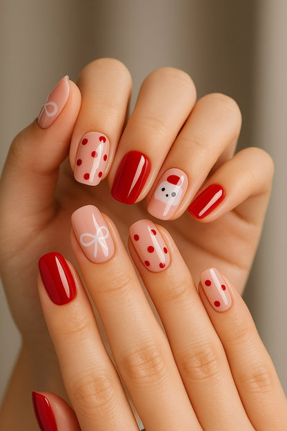 Festive Red & Nude Press-On Nails – Santa, Bow & Polka Dot Design.