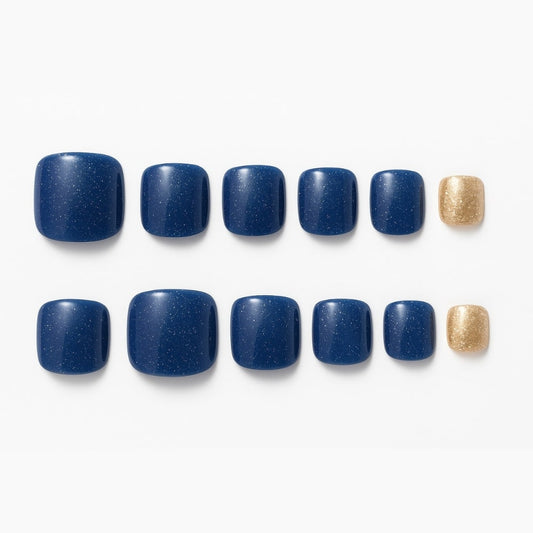 Midnight Blue Glitter Press-On Toenails – Gold Accent Elegance.
