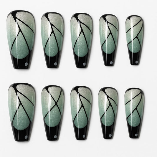 Mint Sparkle Press-On Nails – Black Abstract Line Art