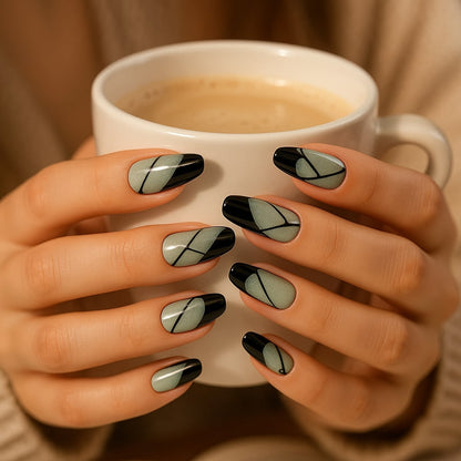 Mint Sparkle Press-On Nails – Black Abstract Line Art