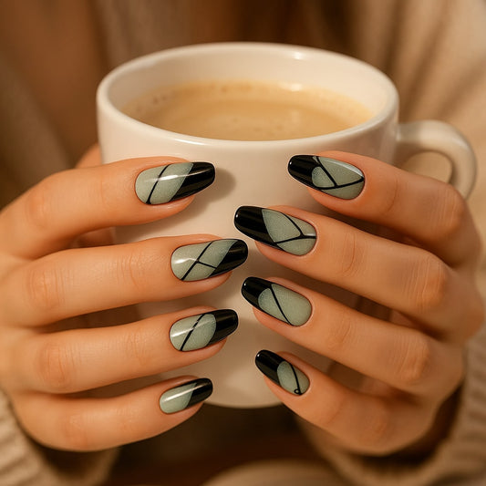 Mint Sparkle Press-On Nails – Black Abstract Line Art