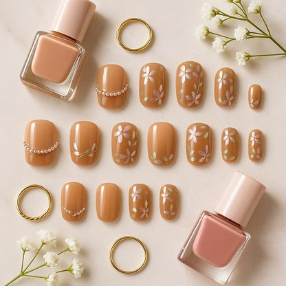Nude Blossom Press-On Nails – Floral & Pearl Accent Design.