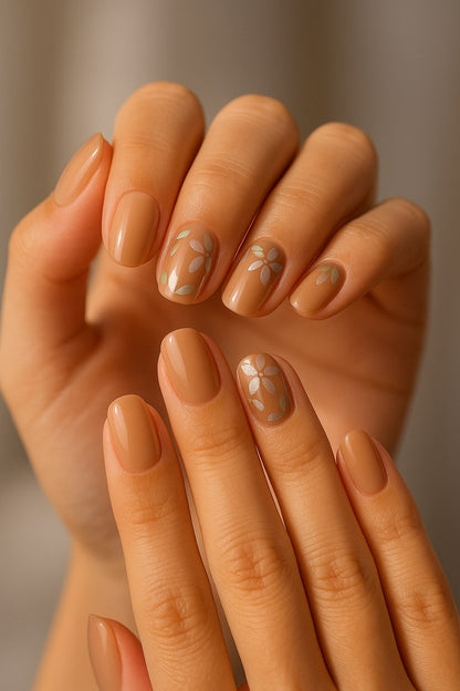 Nude Blossom Press-On Nails – Floral & Pearl Accent Design.