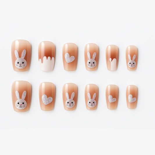 Nude Bunny & Heart Press-On Nails – Glitter Accents