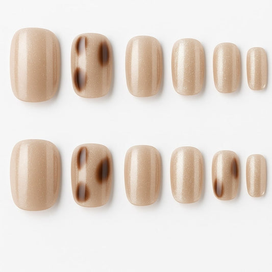 Nude Champagne Press-On Nails – Tortoiseshell Glossy Accent.