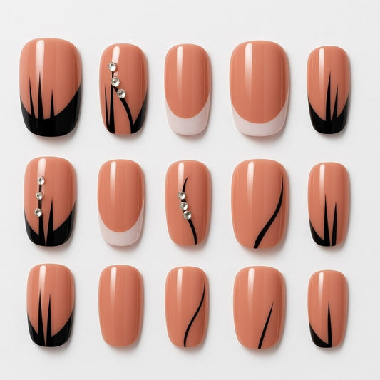 Nude & Black Press-On Nails – Rhinestone Accents & French Tip Design