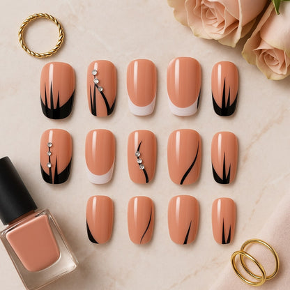 Nude & Black Press-On Nails – Rhinestone Accents & French Tip Design
