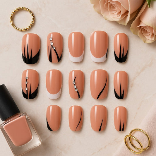 Nude & Black Press-On Nails – Rhinestone Accents & French Tip Design