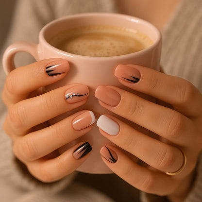 Nude & Black Press-On Nails – Rhinestone Accents & French Tip Design