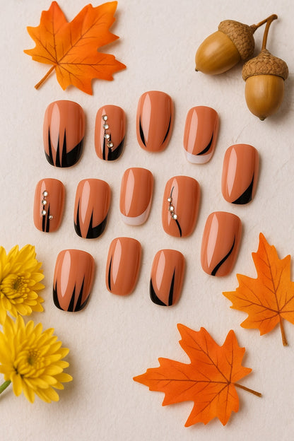 Nude & Black Press-On Nails – Rhinestone Accents & French Tip Design