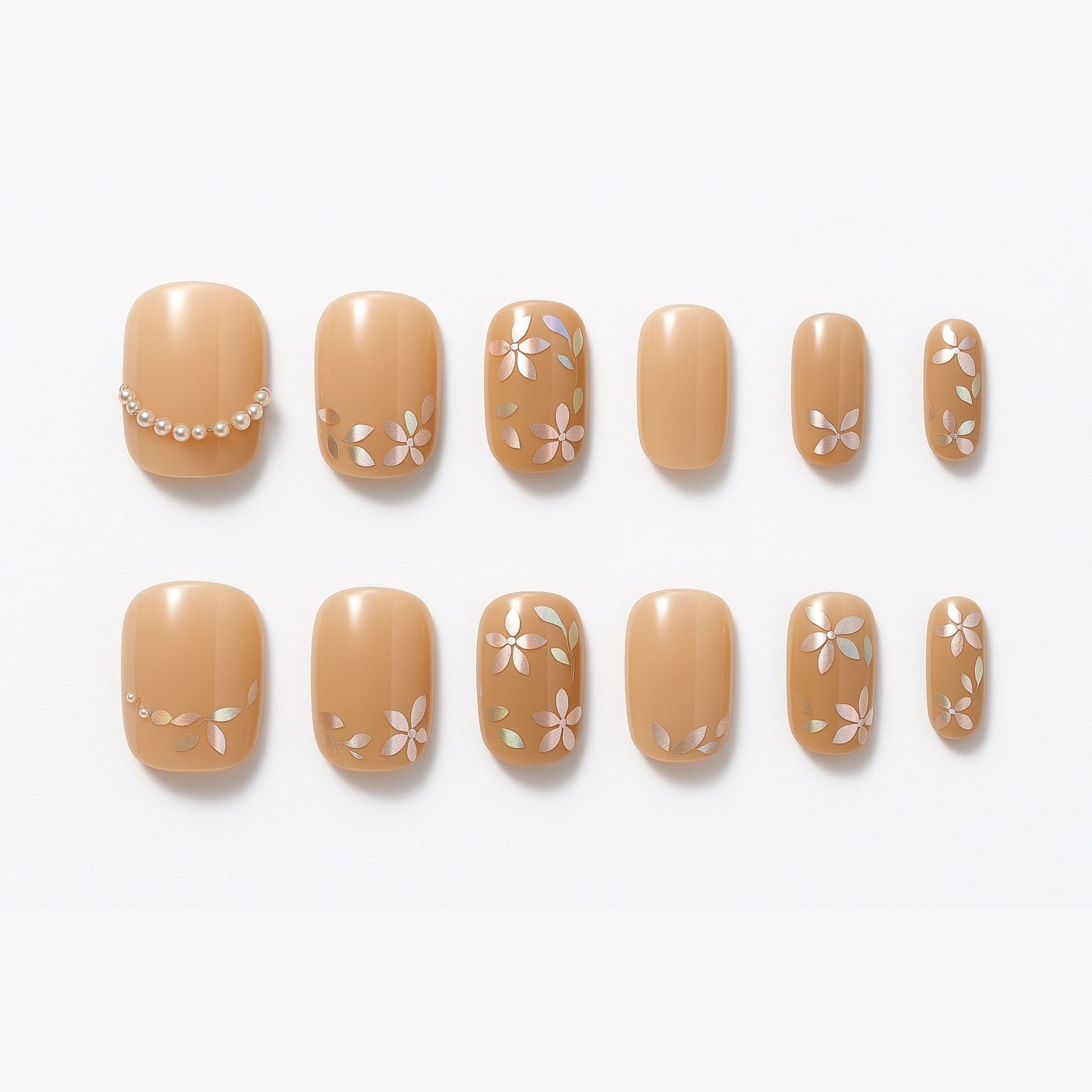 Nude Blossom Press-On Nails – Floral & Pearl Accent Design.
