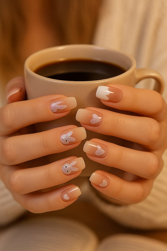 Nude Bunny & Heart Press-On Nails – Glitter Accents