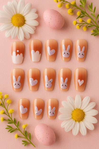 Nude Bunny & Heart Press-On Nails – Glitter Accents