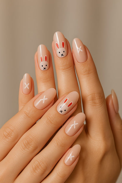 Nude Bunny Press-On Nails – Cute Pastel Easter Design.