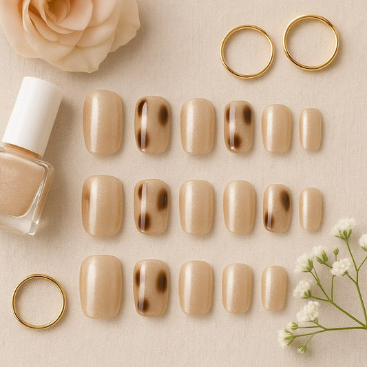 Nude Champagne Press-On Nails – Tortoiseshell Glossy Accent.