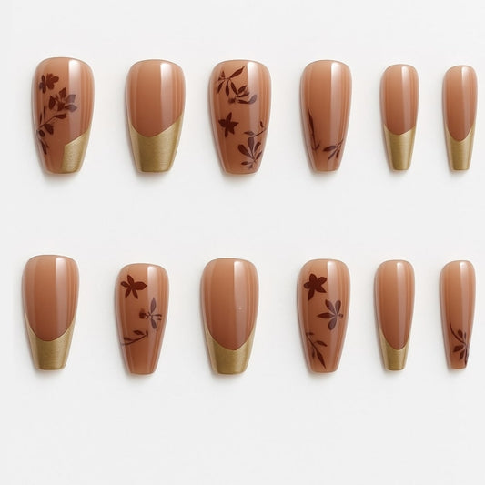 Nude & Gold Press-On Nails – Burgundy Floral Accent Design.