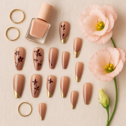 Nude & Gold Press-On Nails – Burgundy Floral Accent Design.