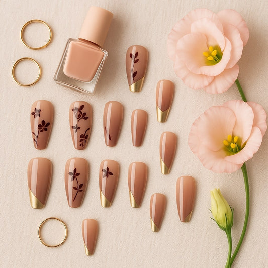 Nude & Gold Press-On Nails – Burgundy Floral Accent Design.