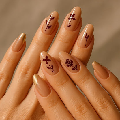 Nude & Gold Press-On Nails – Burgundy Floral Accent Design.