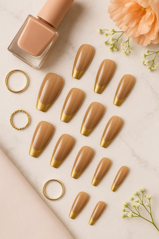 Nude & Gold Press-On Nails – Elegant Glossy Finish