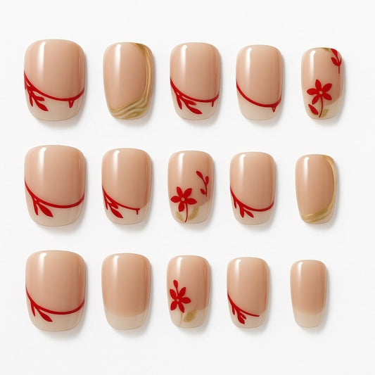 Nude & Red Floral Press-On Nails – Glossy Botanical Design