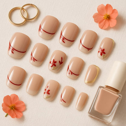 Nude & Red Floral Press-On Nails – Glossy Botanical Design