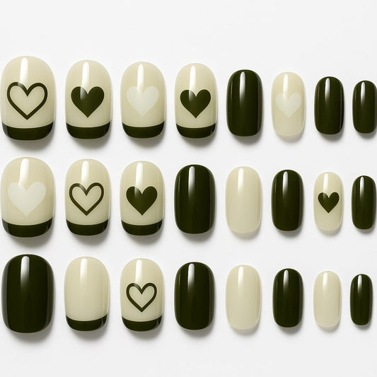 Olive Green Press-On Nails – Heart Accent Design