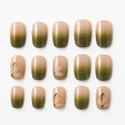 Olive Ombre Press-On Nails – Glitter & Floral Accent Design