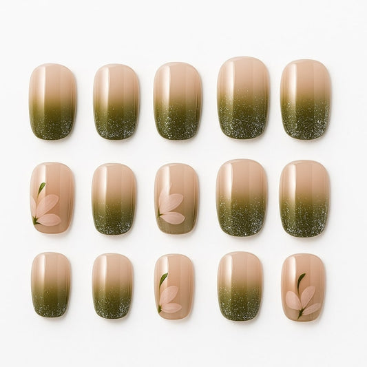 Olive Ombre Press-On Nails – Glitter & Floral Accent Design