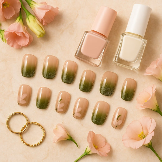 Olive Ombre Press-On Nails – Glitter & Floral Accent Design