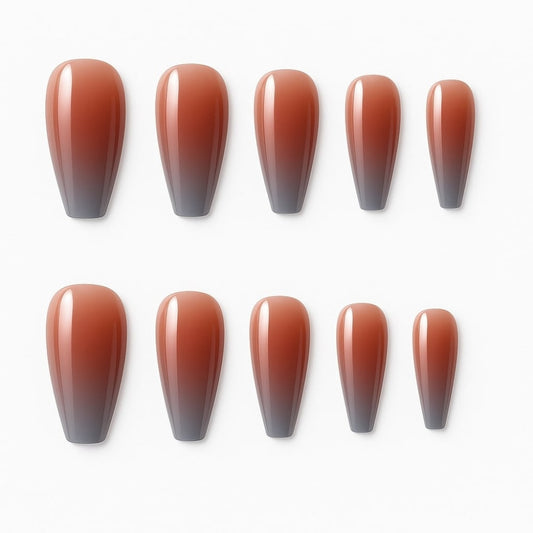 Ombre Coffee Nude Press-On Nails – Glossy Gradient Elegance.