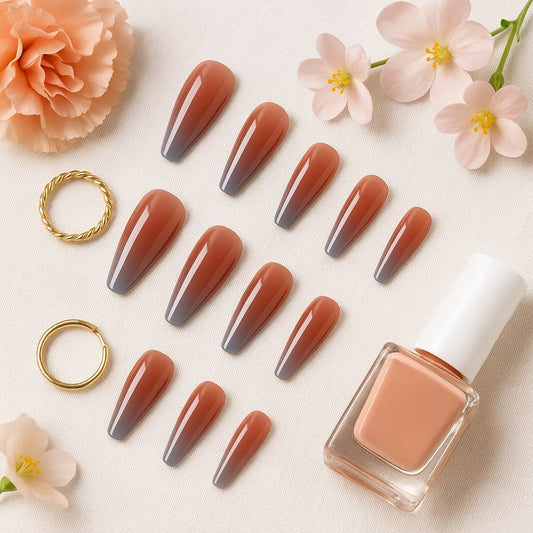 Ombre Coffee Nude Press-On Nails – Glossy Gradient Elegance.
