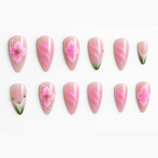 Pink Blossom Press-On Nails – Floral & Pearl Accent Design