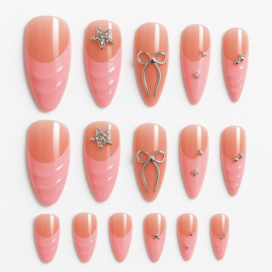 Pink Ombre Press-On Nails – Rhinestone & Bow Charm Design.