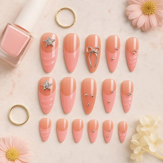 Pink Ombre Press-On Nails – Rhinestone & Bow Charm Design.