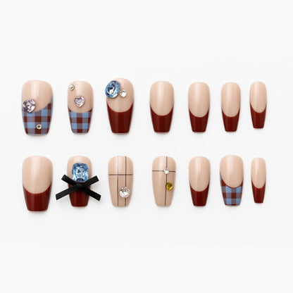 Plaid & Gem Press-On Nails – Burgundy Tips with Rhinestone Accents.
