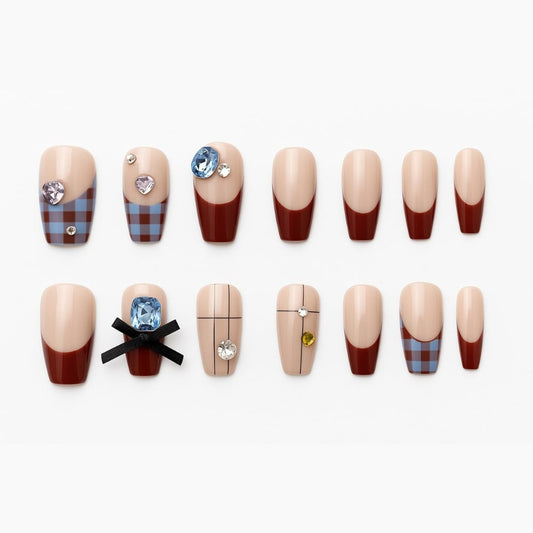 Plaid & Gem Press-On Nails – Burgundy Tips with Rhinestone Accents.