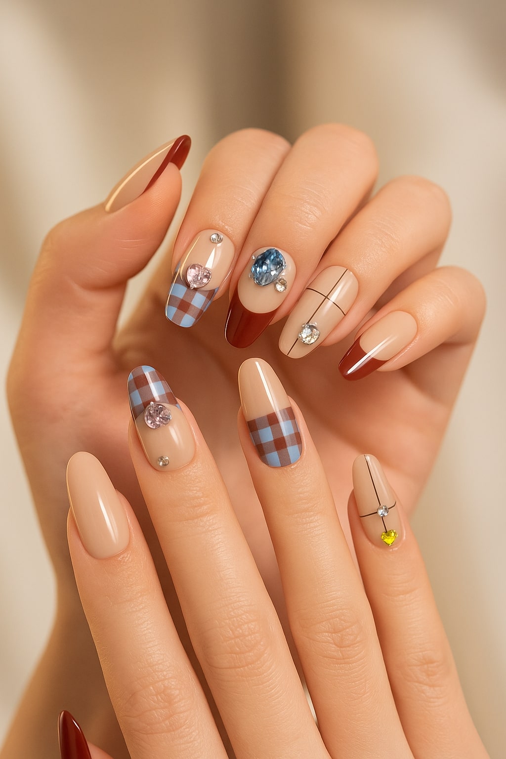 Plaid & Gem Press-On Nails – Burgundy Tips with Rhinestone Accents.