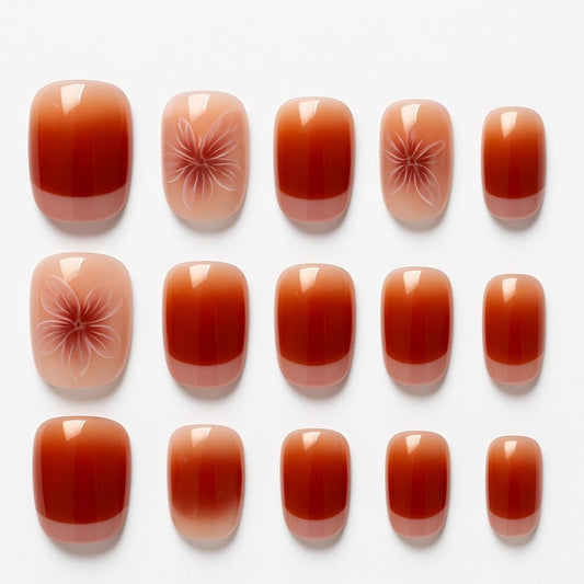 Red Ombre Press-On Nails – Floral Accent Design.