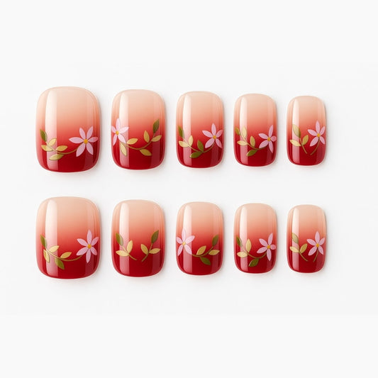 Crimson Ombre Press-On Nails – Hand-Painted Floral Charm.