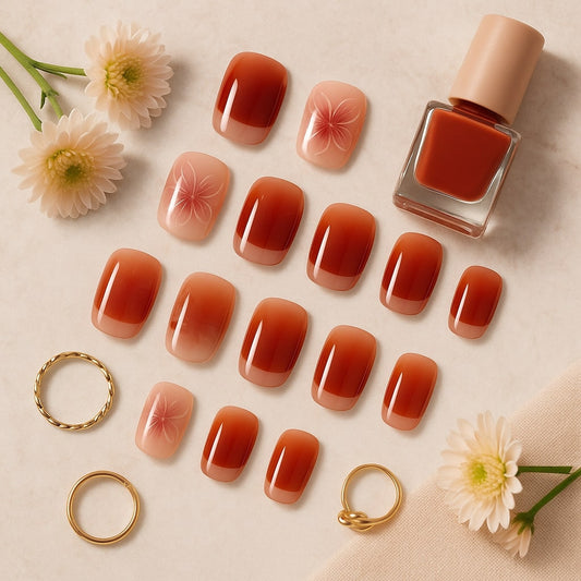 Red Ombre Press-On Nails – Floral Accent Design.