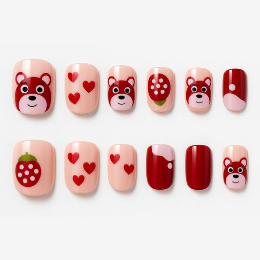Red & Pink Press-On Nails – Cute Bear, Hearts & Strawberry Design.