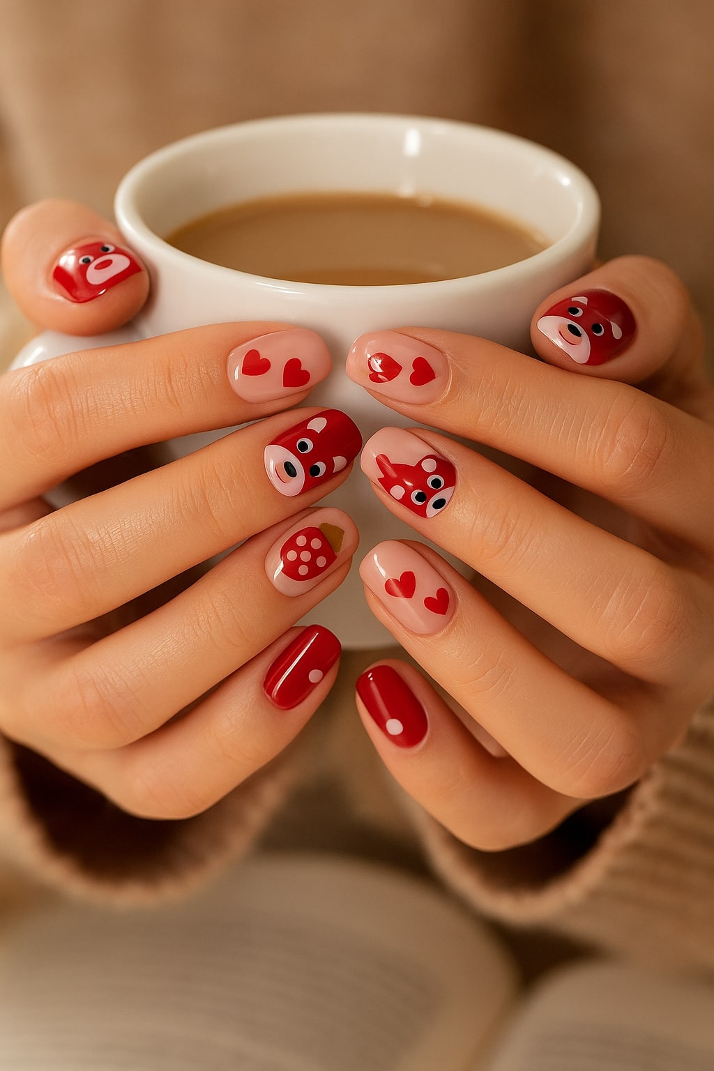 Red & Pink Press-On Nails – Cute Bear, Hearts & Strawberry Design.