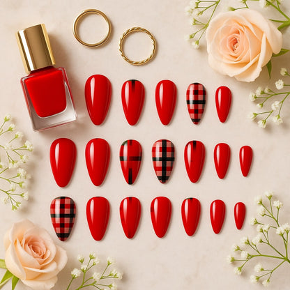 Red Plaid Press-On Nails – Glossy Festive Design.