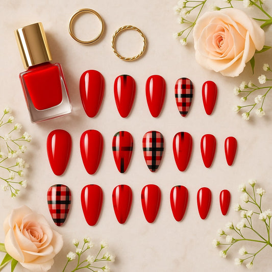 Red Plaid Press-On Nails – Glossy Festive Design.