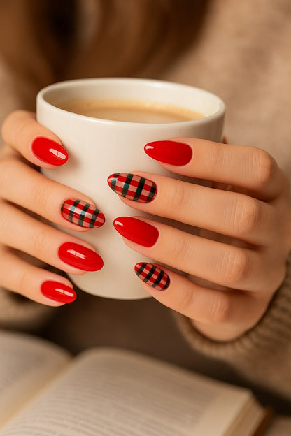 Red Plaid Press-On Nails – Glossy Festive Design.