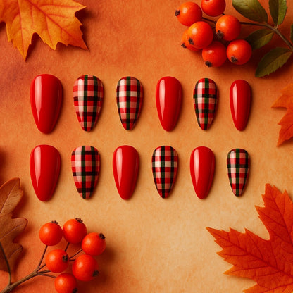 Red Plaid Press-On Nails – Glossy Festive Design.