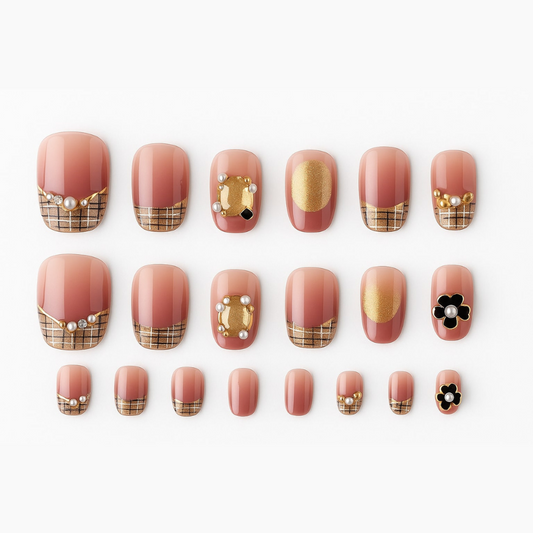 Rose Gold Press-On Nails – Plaid & Pearl Embellishments.