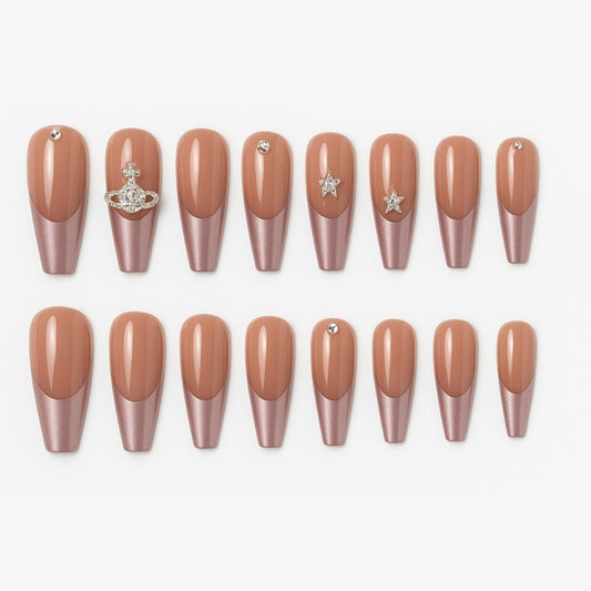 Rose Mauve Press-On Nails – Glossy Rhinestone & Charm Design.